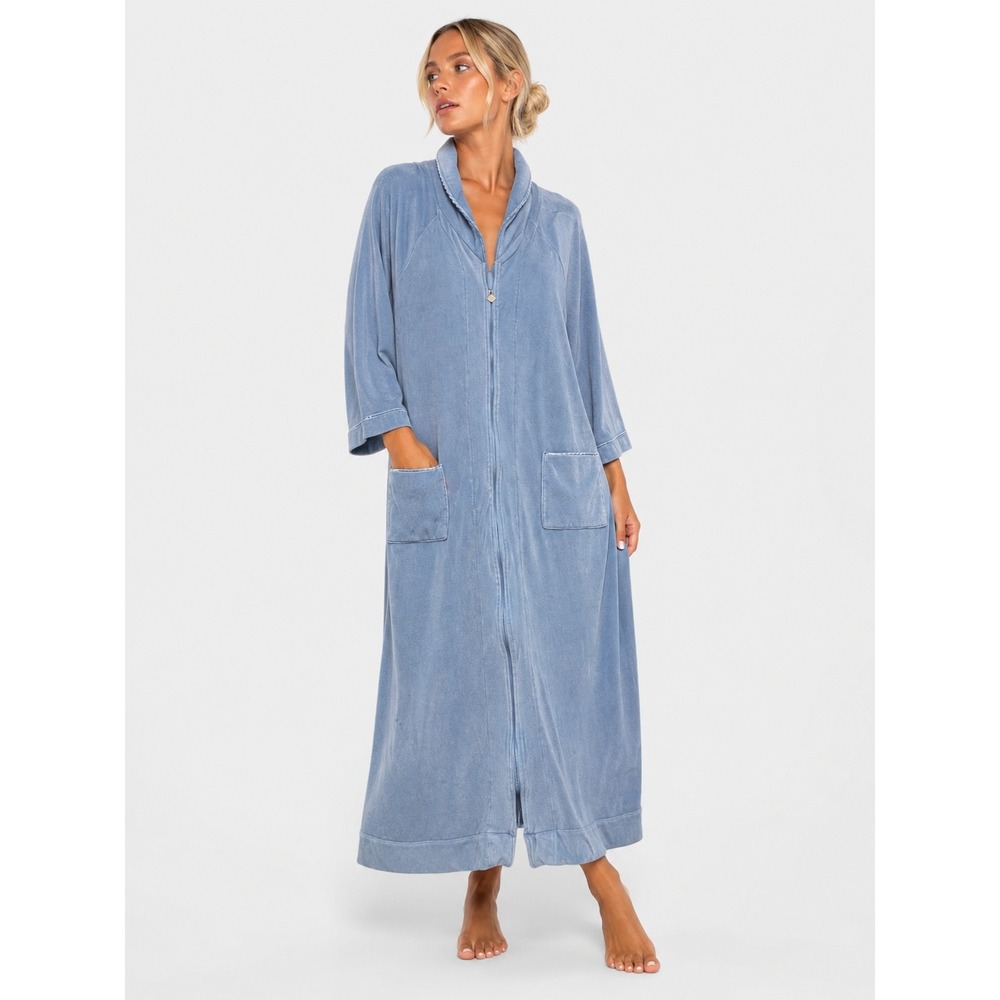 Eileen West Light Blue Velour Zip Front Robe Lounger Pockets L XL NWOT New